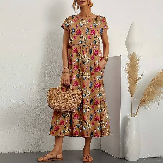 Robe midi femme – Linnen coton – Coupe ample – Manches courtes – Imprimé floral