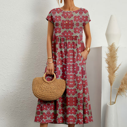 Robe midi femme – Linnen coton – Coupe ample – Manches courtes – Imprimé floral