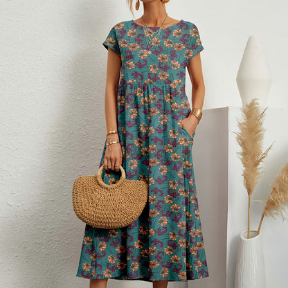 Robe midi femme – Linnen coton – Coupe ample – Manches courtes – Imprimé floral