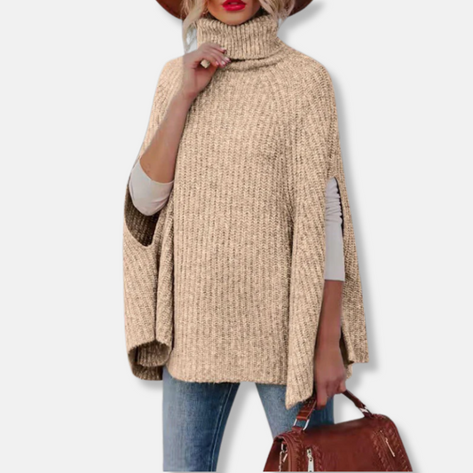 Harriet Wool Turtleneck Cape Sweater | Loose Fit Ribbed Sweater