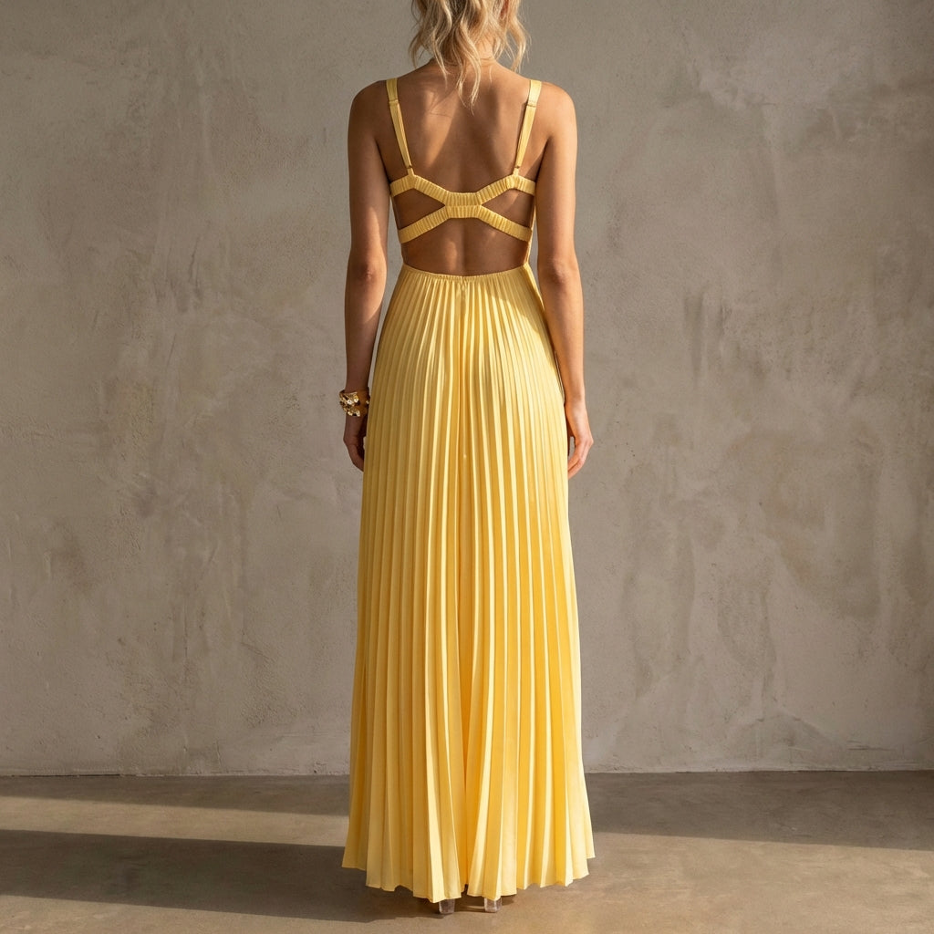 Twist-Front Pleated Maxi Dress for Women – Elegant & Party-Ready