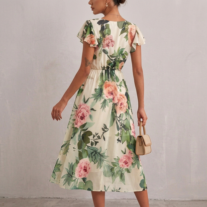 Floral Flutter Sleeve Midi Dress for Women – Flattering & Comfortable Fit