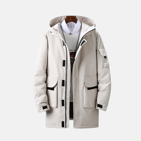Men's Coat - Durable Woven Fabric - Relaxed Fit - Stand Collar Hood - Mid-Thigh Length