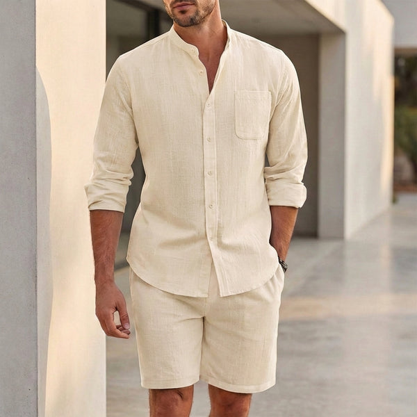 Long-Sleeve Linen Shirt & Shorts Set for Men – Casual & Breathable Comfort