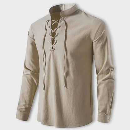 Louie Linen Relaxed Fit Lace-Up Shirt | Band Collar Lace-Up Shirt