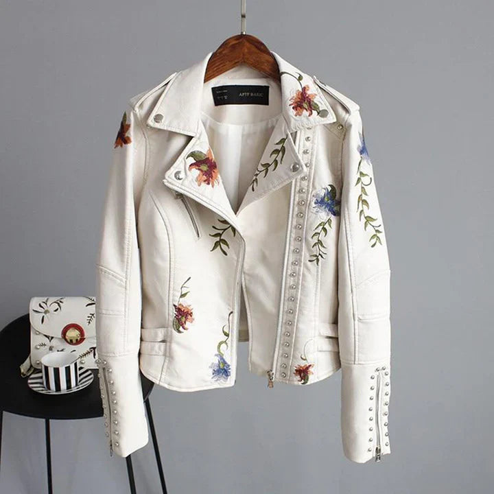 Blouson biker femme – Coupe cintrée – Broderie florale – Détails cloutés – Léger