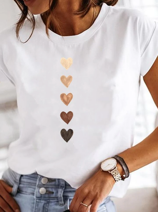 Women's T-shirt – Relaxed Fit – Soft Knit – Crew Neck – Heart Motifs