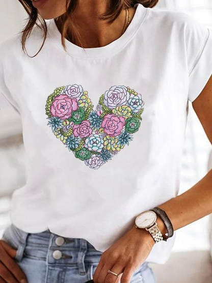 Women's T-shirt – Relaxed Fit – Soft Knit – Crew Neck – Heart Motifs