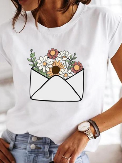 Women's T-shirt – Relaxed Fit – Soft Knit – Crew Neck – Heart Motifs