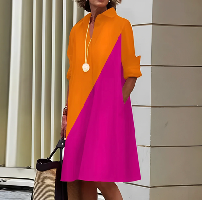 Robe polo femme – Coupe fluide – Manches longues retroussées – Tissu respirant