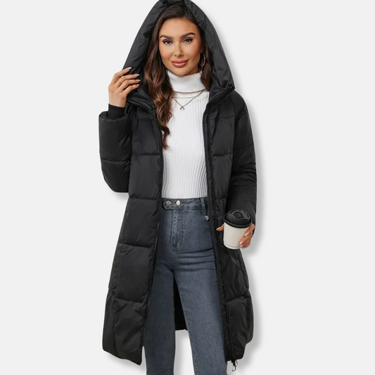 Women's Quilted Coat - Woven Fabric - Relaxed Fit - Knee Length - Hood High Collar