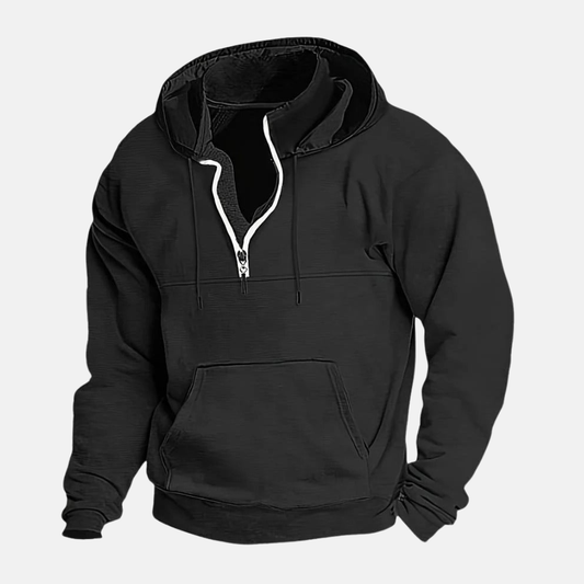 Men's Hoodie - Relaxed Fit - Stand Collar - Half-Zip Front - Kangaroo Pocket