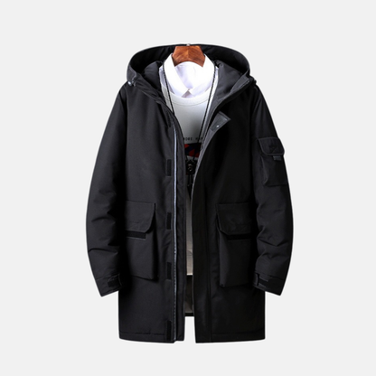 Men's Coat - Durable Woven Fabric - Relaxed Fit - Stand Collar Hood - Mid-Thigh Length