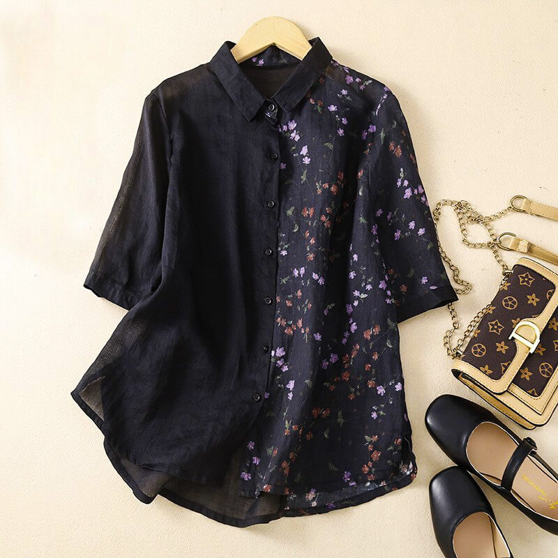 Two-Tone Leaf-Print Blouse for Women – Breathable Everyday Comfort