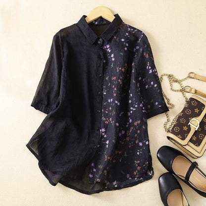 Two-Tone Leaf-Print Blouse for Women – Breathable Everyday Comfort