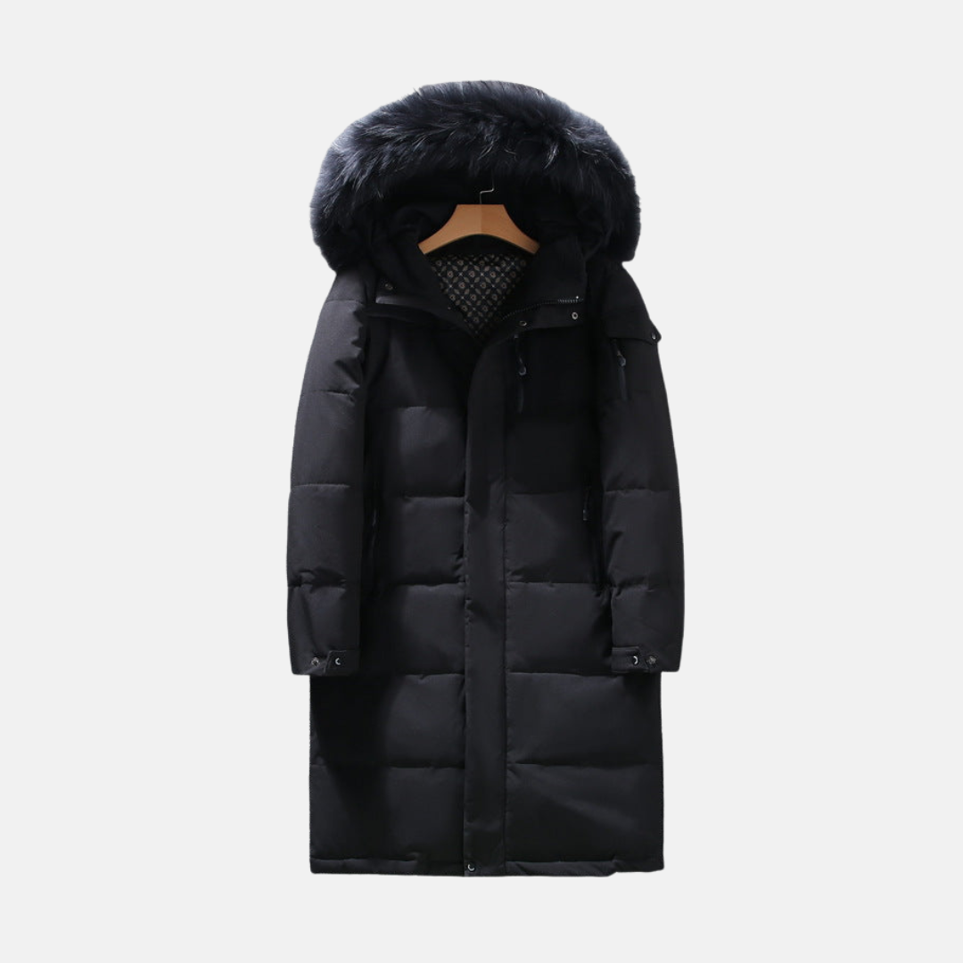 Men's Long Puffer Coat - Woven Fabric - Relaxed Fit - Stand Collar With Fur-Lined Hood - Mid-Thigh Length