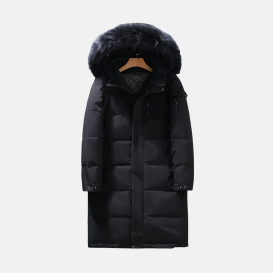 Men's Long Puffer Coat - Woven Fabric - Relaxed Fit - Stand Collar With Fur-Lined Hood - Mid-Thigh Length