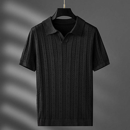 Perforated Ribbed Knit Polo Shirt for Men – Breathable & Comfortable
