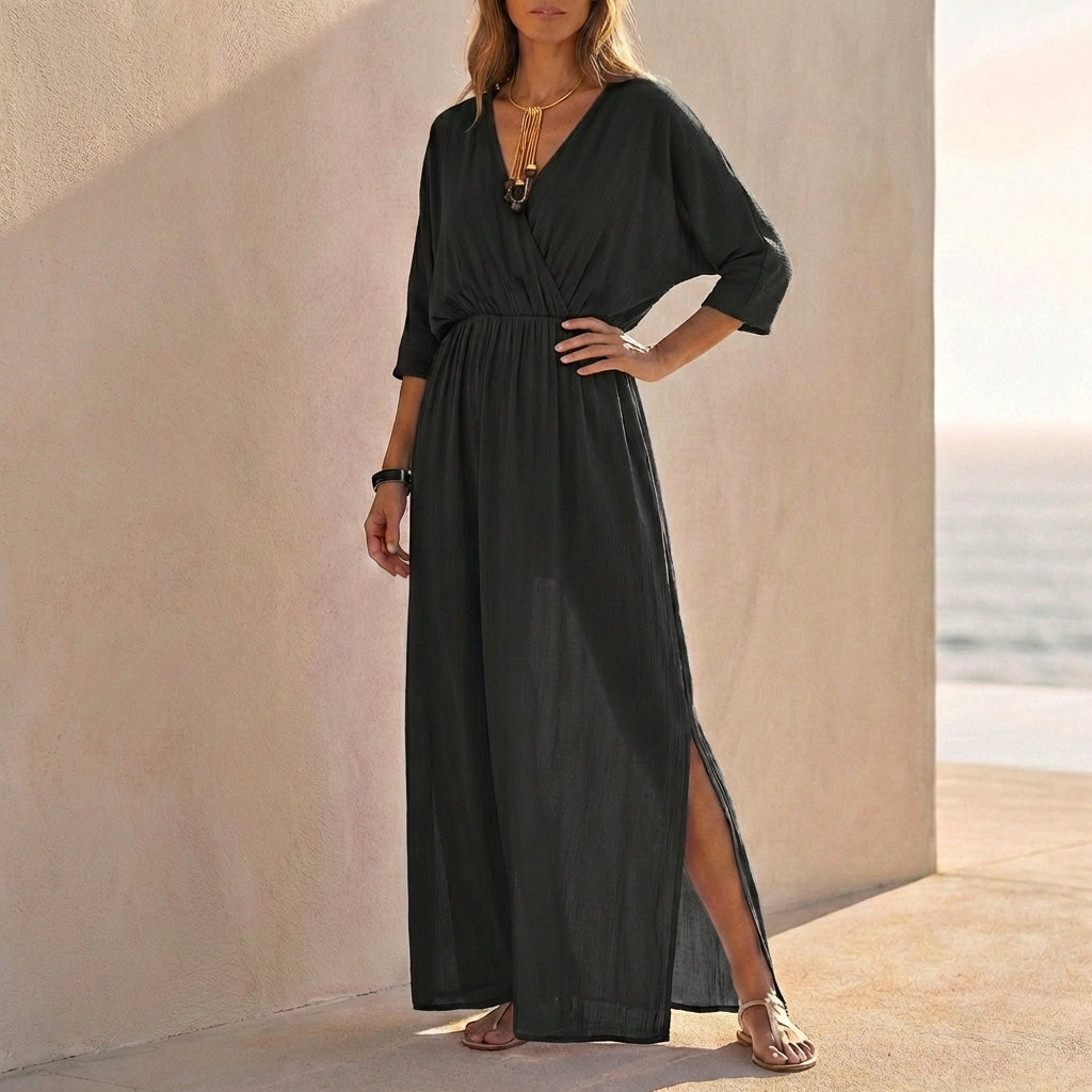 V-Neck Dolman Sleeve Maxi Dress for Women – Relaxed Fit & Pockets