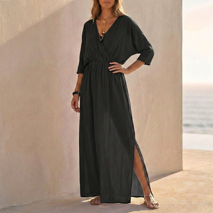 V-Neck Dolman Sleeve Maxi Dress for Women – Relaxed Fit & Pockets