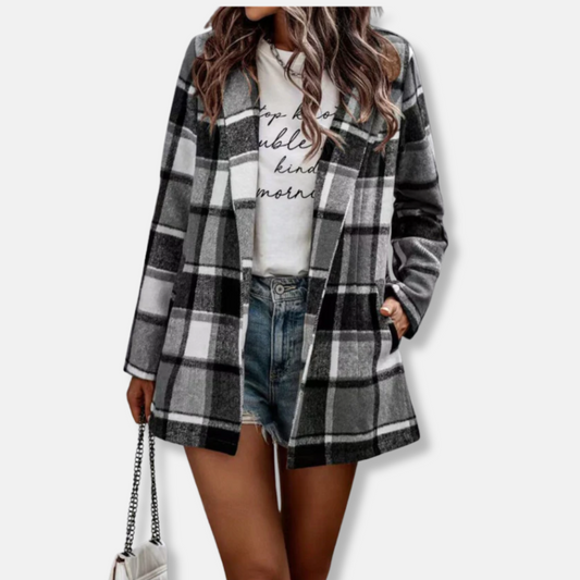 Amelia Wool Oversized Coat | Plaid Open Front Coat