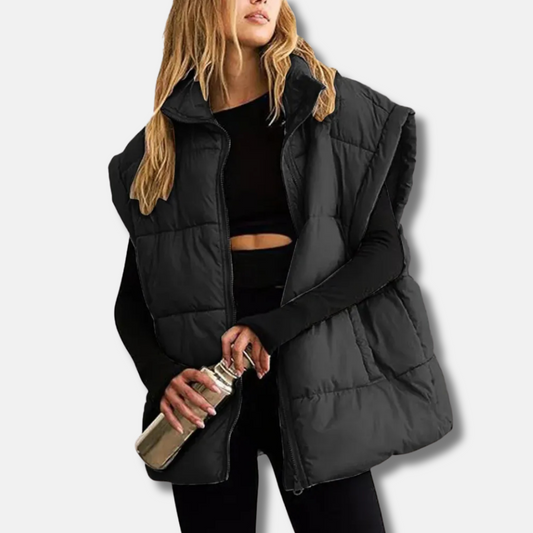 Women's Puffer Vest - Quilted Insulated - Sleeveless - Stand Collar - Hip Length