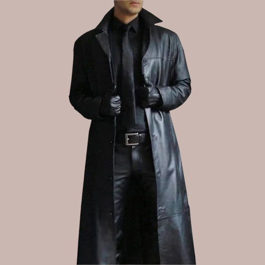 Manteau long homme – Coupe cintrée – Toucher cuir lisse – Col large habillé