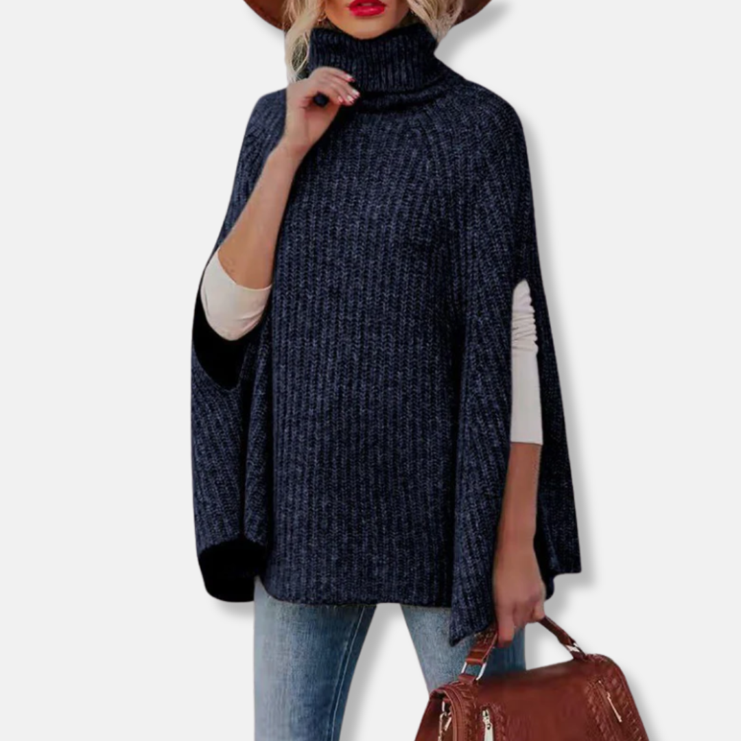 Harriet Wool Turtleneck Cape Sweater | Loose Fit Ribbed Sweater