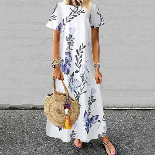 Women's long dress – Flowing cut – Natural fibers – Short sleeves – Floral print
