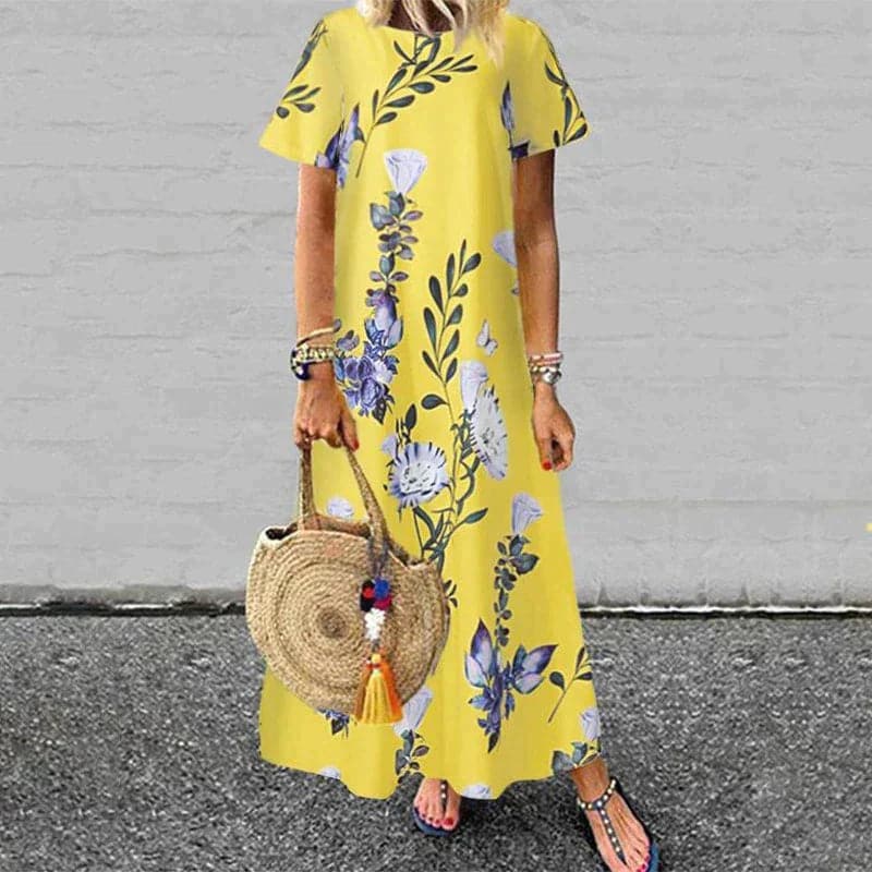 Women's long dress – Flowing cut – Natural fibers – Short sleeves – Floral print