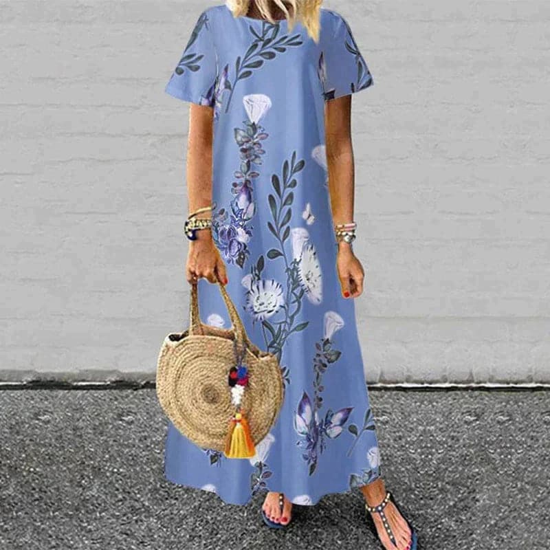 Women's long dress – Flowing cut – Natural fibers – Short sleeves – Floral print