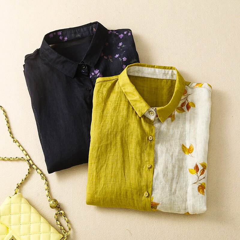 Two-Tone Leaf-Print Blouse for Women – Breathable Everyday Comfort