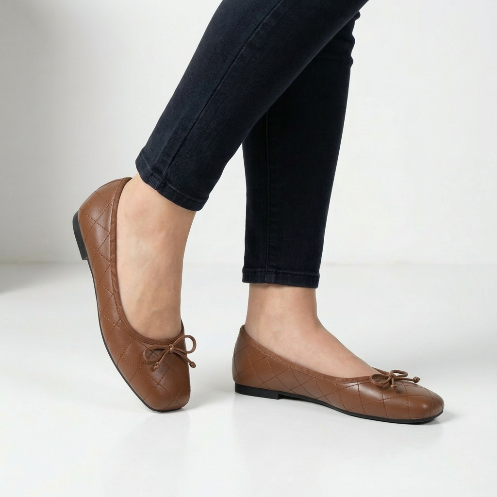 Quilted Bow-Detail Square Toe Ballet Flats for Women – Elegant & Comfortable