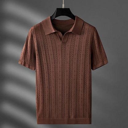 Perforated Ribbed Knit Polo Shirt for Men – Breathable & Comfortable