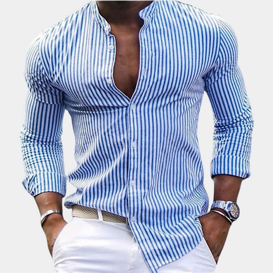 Men's long-sleeve shirt – Slim fit – Mao collar – Vertical stripes – Breathable fabric