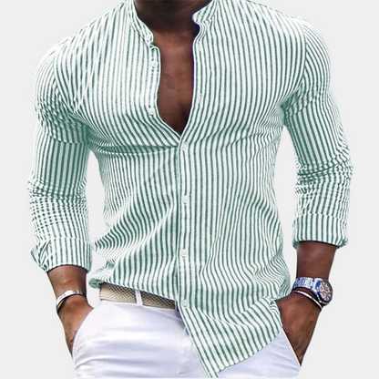Men's long-sleeve shirt – Slim fit – Mao collar – Vertical stripes – Breathable fabric