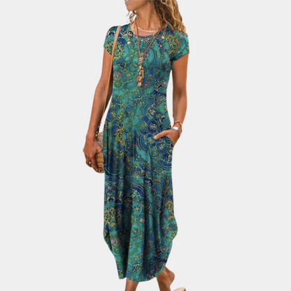 Women's midi dress – Loose fit – Short sleeves – Breathable fluid fabric – Elegant print