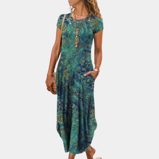 Women's midi dress – Loose fit – Short sleeves – Breathable fluid fabric – Elegant print