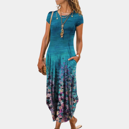 Women's midi dress – Loose fit – Short sleeves – Breathable fluid fabric – Elegant print