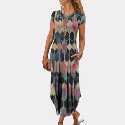 Women's midi dress – Loose fit – Short sleeves – Breathable fluid fabric – Elegant print