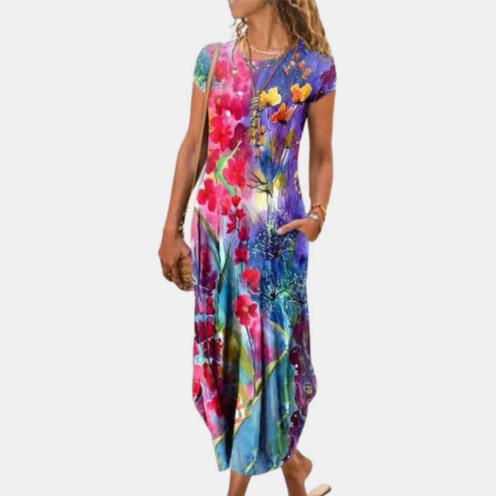 Women's midi dress – Loose fit – Short sleeves – Breathable fluid fabric – Elegant print