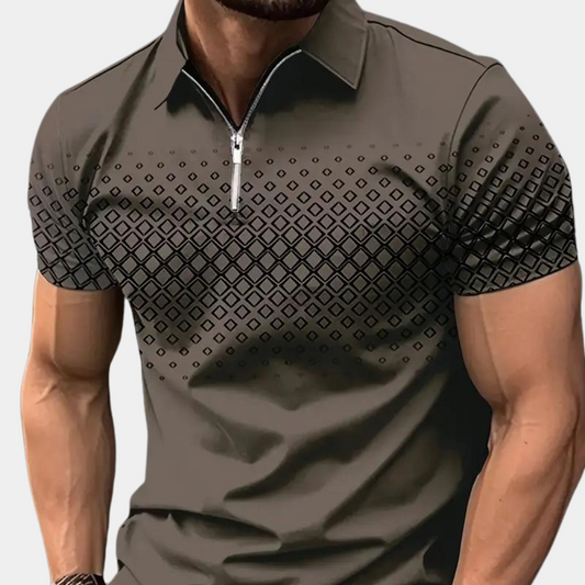 Men's polo – Slim fit – Breathable fabric – Zipper closure – Geometric pattern