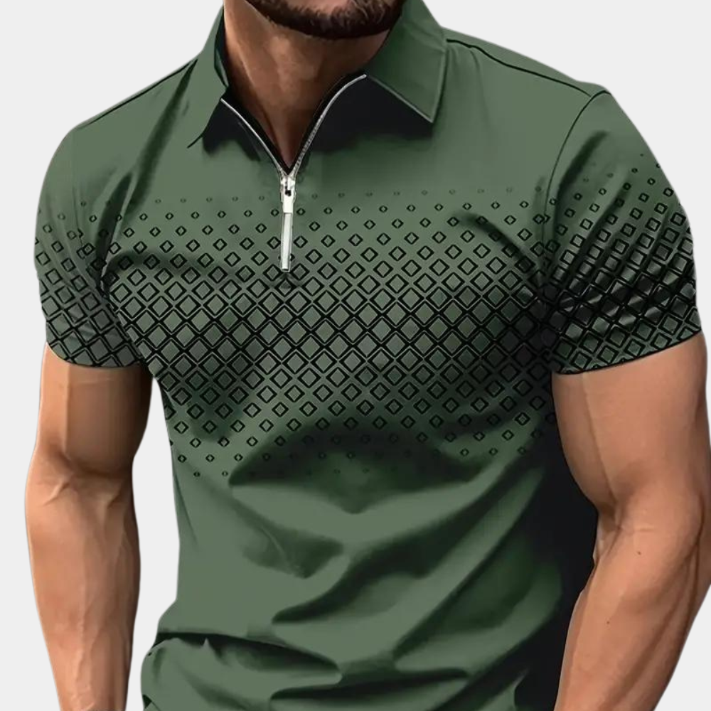 Men's polo – Slim fit – Breathable fabric – Zipper closure – Geometric pattern