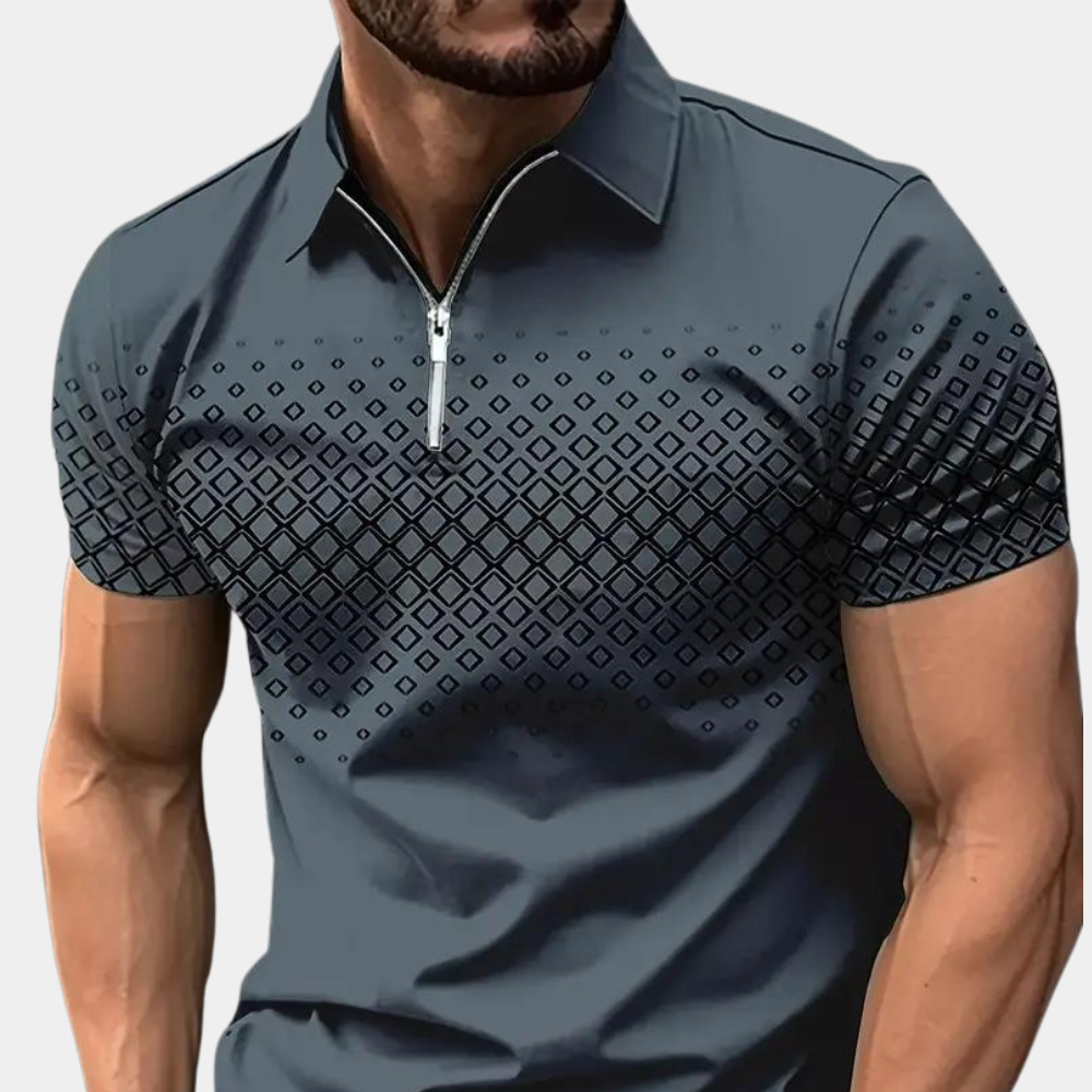 Men's polo – Slim fit – Breathable fabric – Zipper closure – Geometric pattern