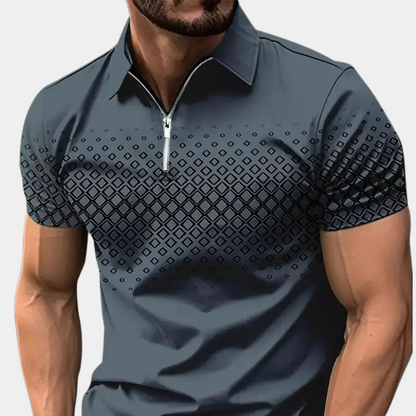 Men's polo – Slim fit – Breathable fabric – Zipper closure – Geometric pattern