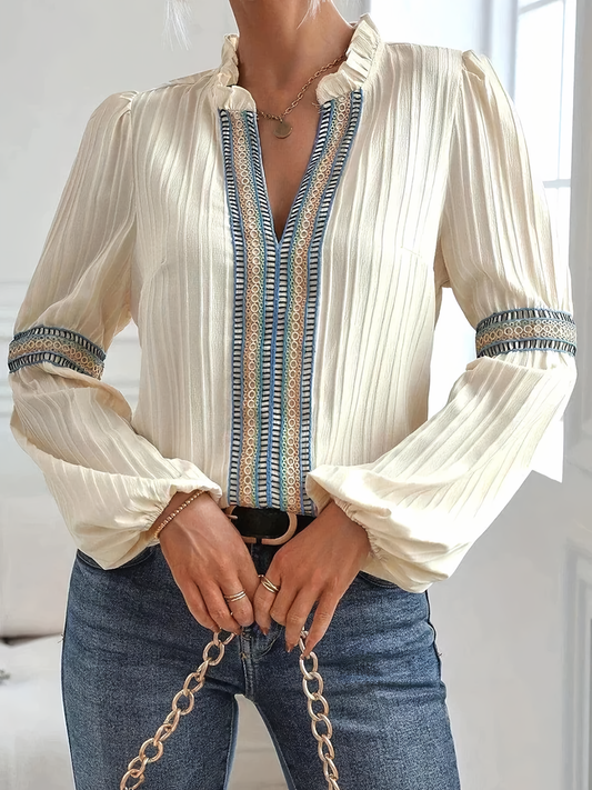 Blouse femme – Coupe décontractée – Tissu léger – Col à volants – Manches longues brodées