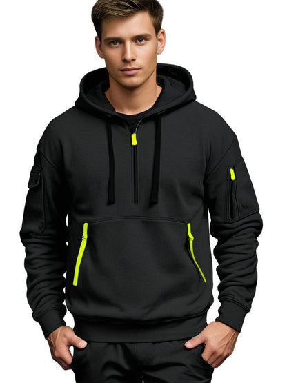 Men's Hooded Sweatshirt - Cotton Knit - Relaxed Fit - Half-Zip - Long Sleeves