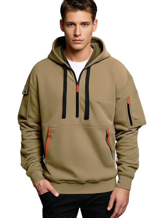Men's Hooded Sweatshirt - Cotton Knit - Relaxed Fit - Half-Zip - Long Sleeves