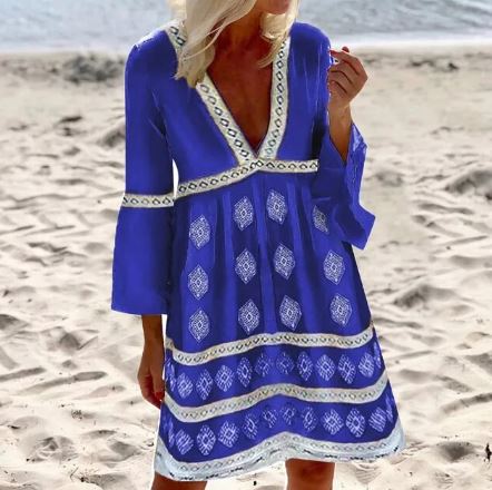 Women's mid-length dress – Loose fit – Batwing sleeves – V-neck – Lightweight fabric