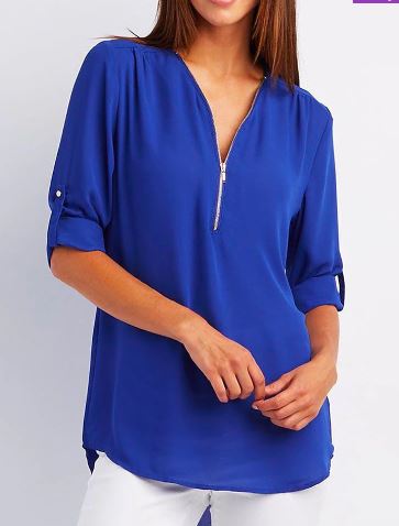Blouse Femme – Coupe Ample – Col V Zip – Manches Retroussables – Tissu Fluide